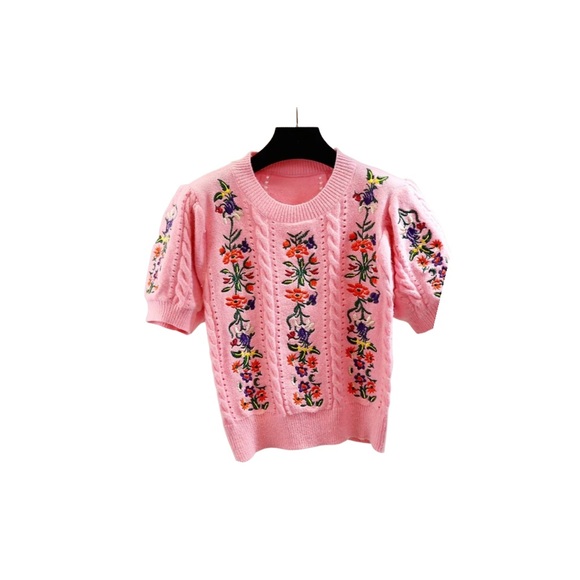Modern Millie Pink Embroidered Short Puff Sleeve Cable Knit Sweater - Picture 2 of 6